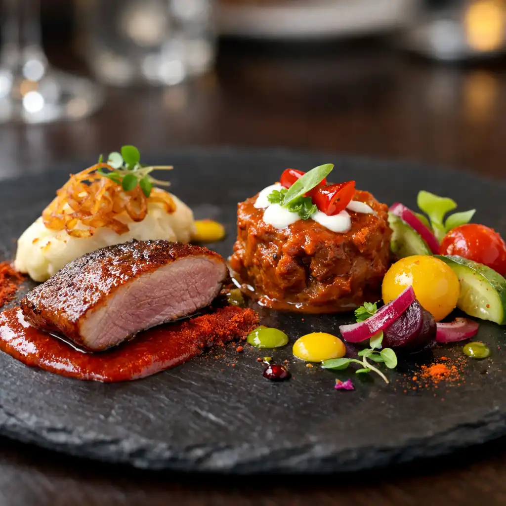 Gyönyörűen tálalt gourmet étel sötét palatányéron, modern magyar konyha