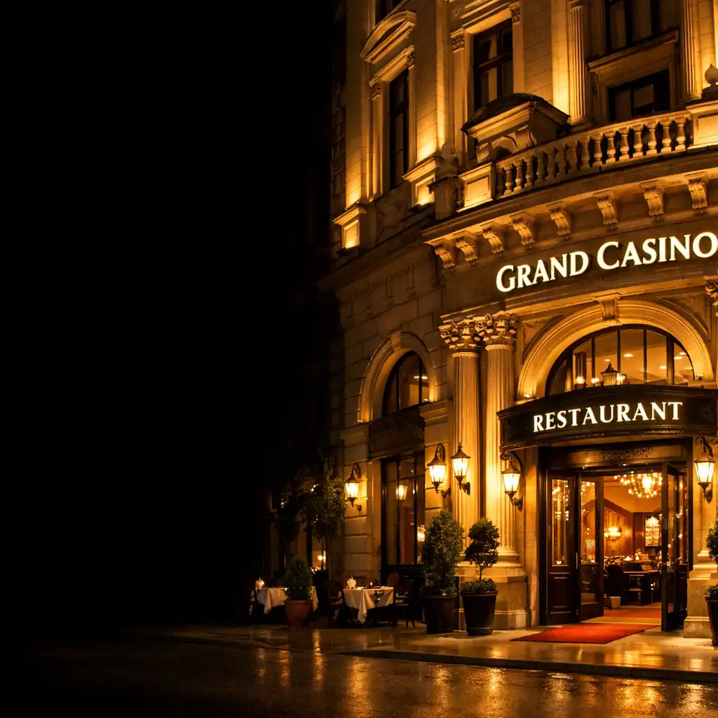 A Grand Casino épületének éjszakai homlokzata Budapesten, kivilágítva