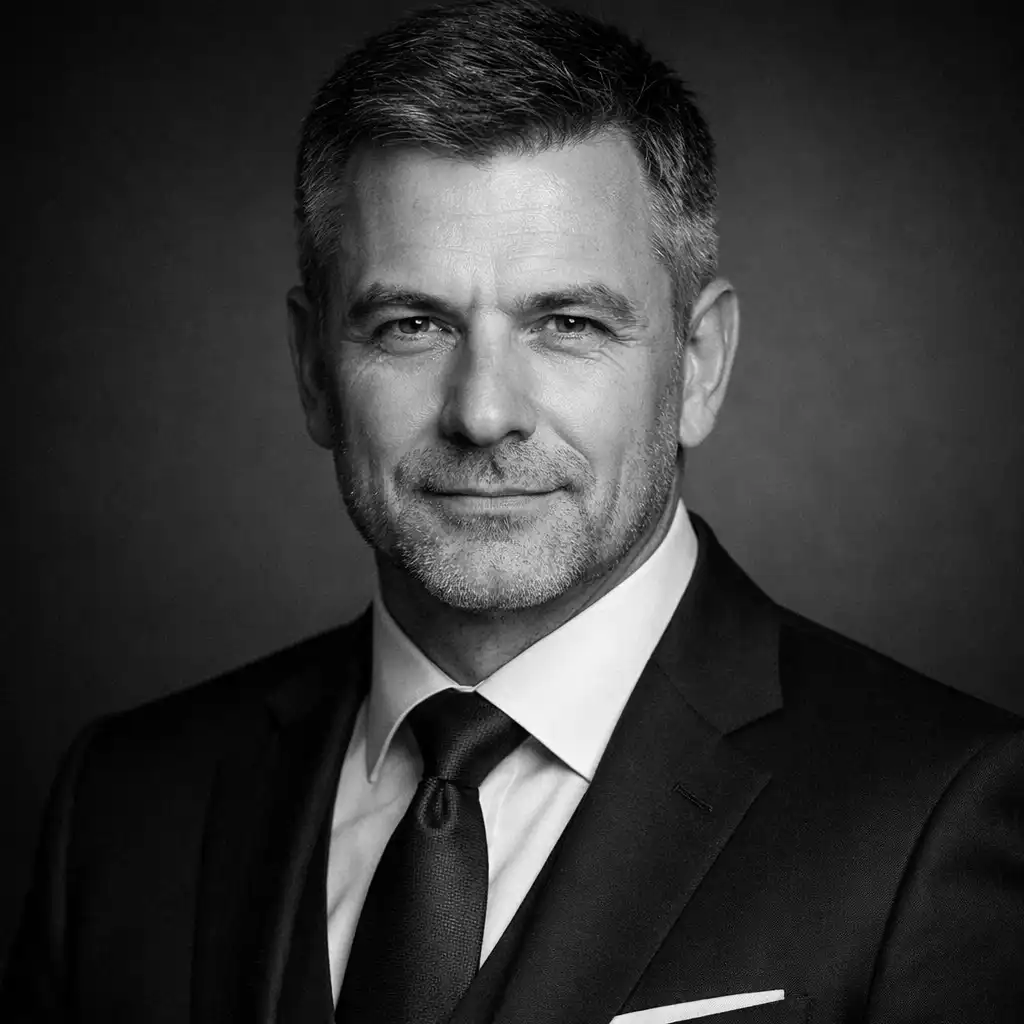 Kovács Péter alapító portréja elegáns öltönyben