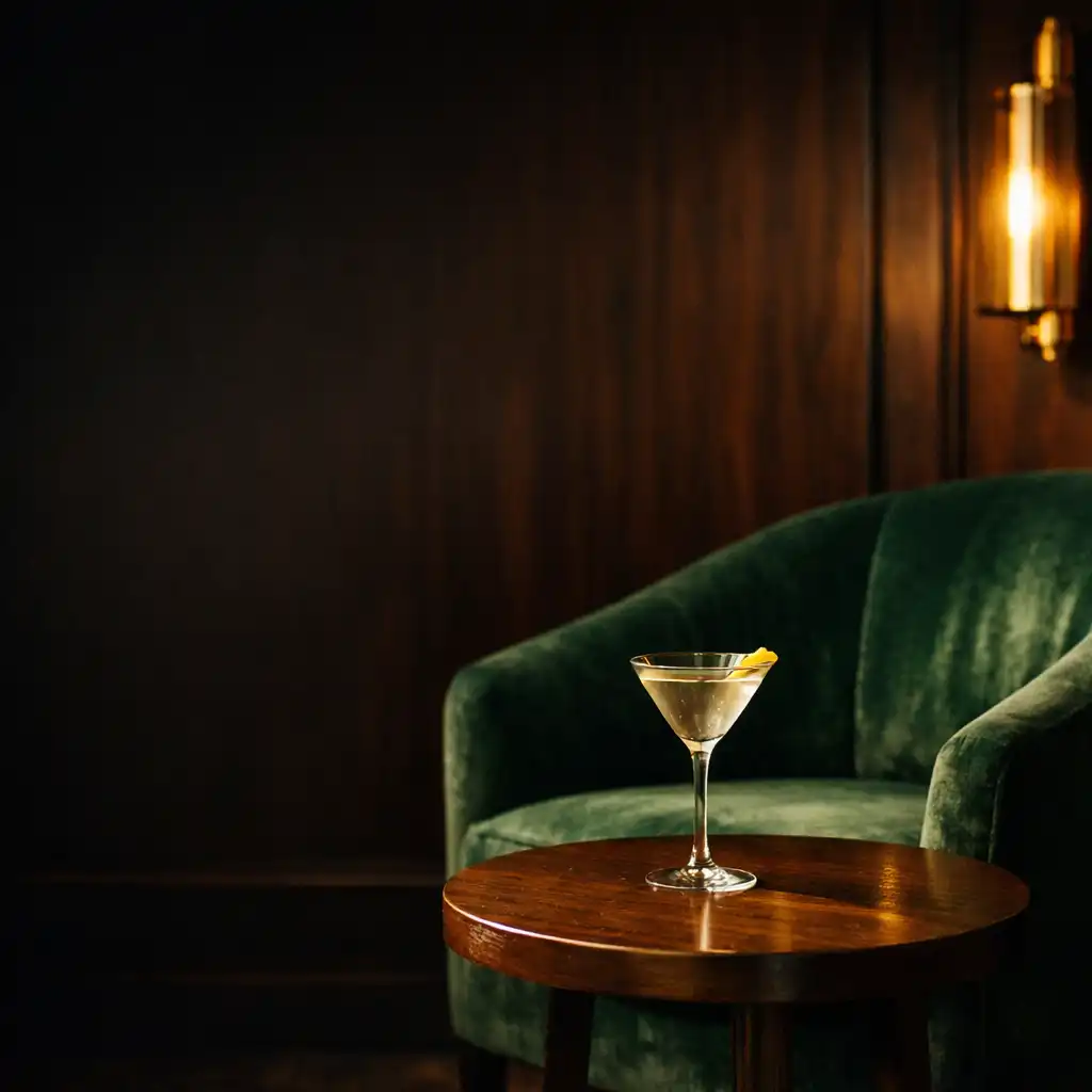A lounge egy sarka bársony fotellel, alacsony asztallal és koktéllal, meleg fényben